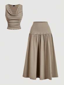 SHEIN MOD 70年代复古女式棕色垂褶领铆钉背心和长裙两件套——复古嬉皮、假日装、波西米亚风、Y2K风、西部风和游牧风 - 卡其色 - 查看 1