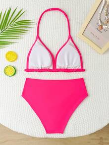 SHEIN Teen Girls Bikini Sets,Solid Magenta Two-Piece Swimsuit,Adjustable Drawstring Triangle Bottom Cute Bathing Suit For Summer,Beach,Holiday,Pool Parties - Hot Pink - View 2