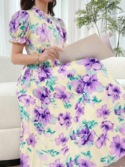 SHEIN Teen Girls' Floral Print Ruffle Hem Flowy Dress With Ruched Neckline And Puff Sleeves, Suitable For Spring/Summer Casual, Vacation And Daily Wear