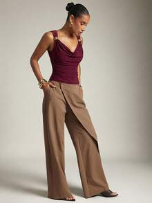 Hauture Women's Basic Casual Office Ruched Shoulder With Gold Decor Cowl Neck Top - Red Violet - View 3