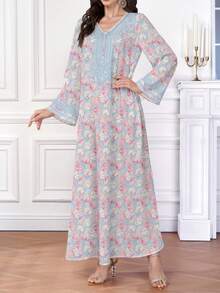 SHEIN Najma Đầm maxi dài tay cổ chữ V họa tiết hoa nhí, đầm dài hoa mùa xuân/hè dành cho nữ, kiểu dáng Ả Rập thanh lịch, thích hợp cho kỳ nghỉ, du lịch và mặc hàng ngày. - Nhiều màu - Xem 3
