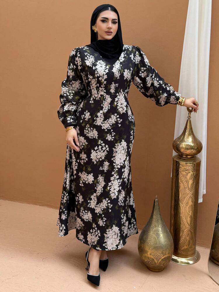 Dazy Plus Plus Size Women Floral Print Lantern Sleeve Waist Cinched Party Dress, Spring/Summer Sundress Boho