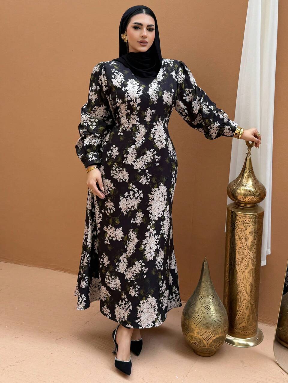 Dazy Plus Plus Size Women Floral Print Lantern Sleeve Waist Cinched Party Dress, Spring/Summer Sundress Boho Vacation Outfits Women