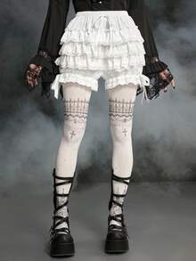 ROMWE Goth 女士可爱蛋糕蝴蝶结撞色蕾丝边灯笼短裤 - 白色 - 查看 7