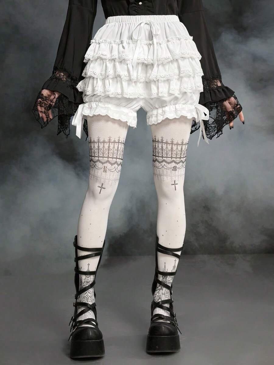 ROMWE Goth Shorts de mujer con lazo de pastel, con adorno de encaje de contraste y manga farol - Blanco - Ver 1