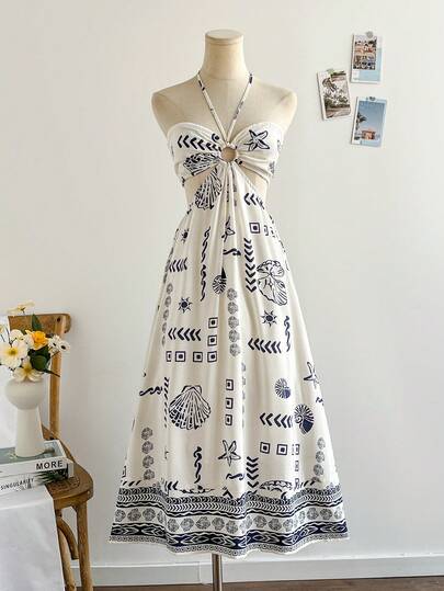 Soleia Vestido Casual Romântico de Férias com Estampa Floral Azul e Branca, Decote Halter, Cordão de Ajuste na Cintura e Recortes, Adequado para Férias, Encontros, Chá da Tarde, Festival de Música, Estilo Boho