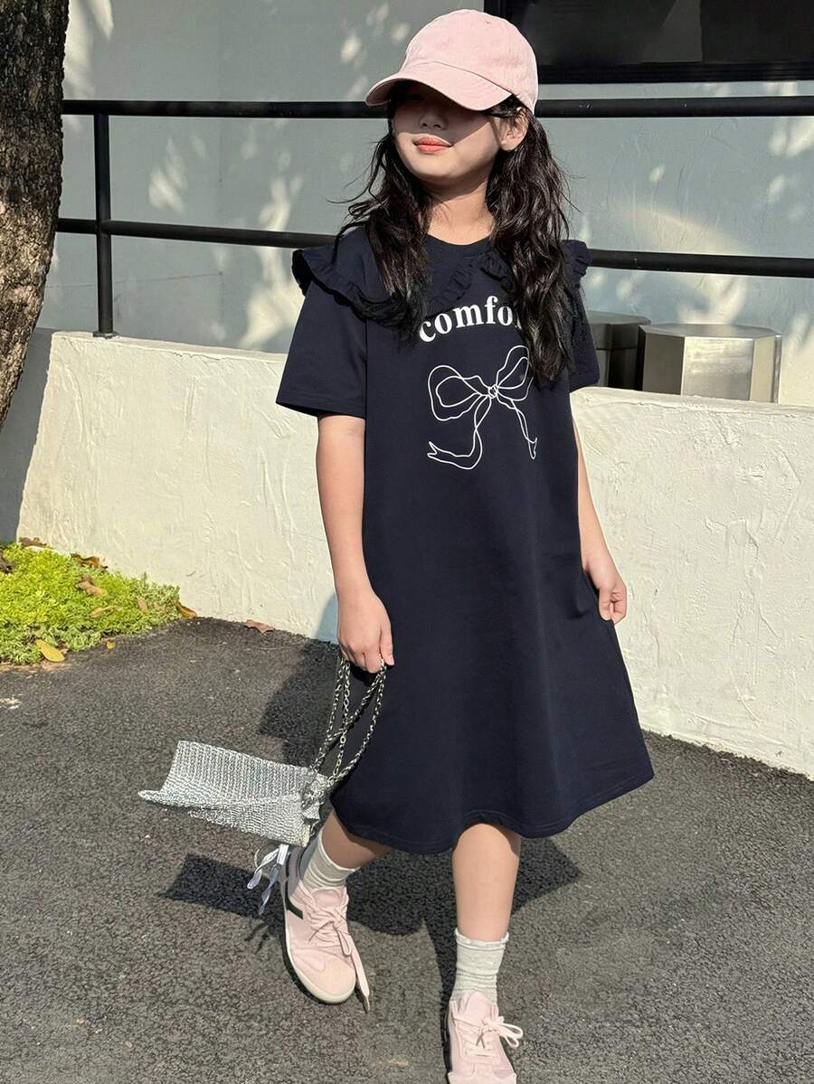 DAZY 少女字母蝴蝶结印花花瓣袖休闲宽松迷你连衣裙 - 藏蓝色 - 查看 1