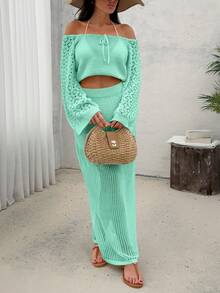 EURMUSE Conjunto de 2 piezas de top de punto con hombros descubiertos y falda midi de punto, conjunto de playa coordinado - verde menta - Ver 6