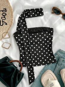 SHEIN Top de camisola corto de punto con estampado de leopardo y bufanda desmontable para adolescentes, primavera/verano - Blanco y Negro - Ver 2