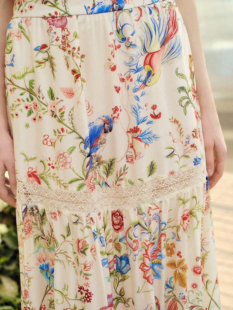 女性用ロマンチックな花柄ラッフルヘムスカート、春夏