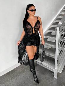 SHEIN SXY Women's Sexy Lace Ruffle Trim Long Camisole Top,Carnival,Party,Rave Outfit ,Summer, Spring,Beach,Going Out,Vacation,Y2K,Mesh ,Sheer,Black,Ruffles - Black - View 3