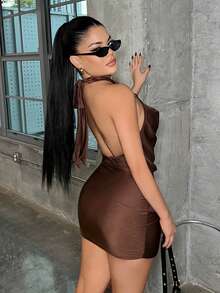 SHEIN SXY Women's Sexy & Elegant Brown Draped Neck Backless Fitted Bodycon Dress With Belt, Summer,Carnival,Party,Rave Outfit ,Summer, Spring,Going Out,Y2K, Brown Dress Women, Chocolate Brown Dress, Sexy Brown Dress, Brown Halter Dress, Coffee Brown Dress Brown Short Dress Brown Mini Dress Sexy Club Outfit - Brown - View 2