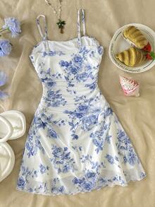 SHEIN Gaun Cami Motif Bunga dengan Ruffle di Pinggang untuk Liburan Musim Panas Anak Perempuan Remaja - Blue and White - View 4