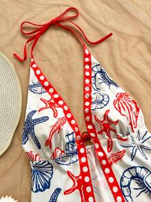 Soleia Conjunto de Praia Feminino 2 Peças, Top Halter com Decote em V e Amarração com Estampa de Estrela-do-Mar e Vida Marinha & Saia de Cintura Baixa, Azul Marinho e Branco, Verão, Boho, Férias, Roupa de Praia - Multicolorido - Visão 3
