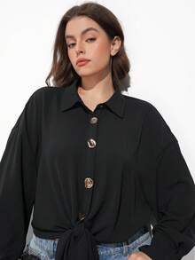 Maija Plus Size Black Autumn Smart Casual Office Women's Long Sleeve Shirt,Metal Buckle Hem Tie Front Button Up Cropped Blouse,Formal Business Party Top - Black - View 7