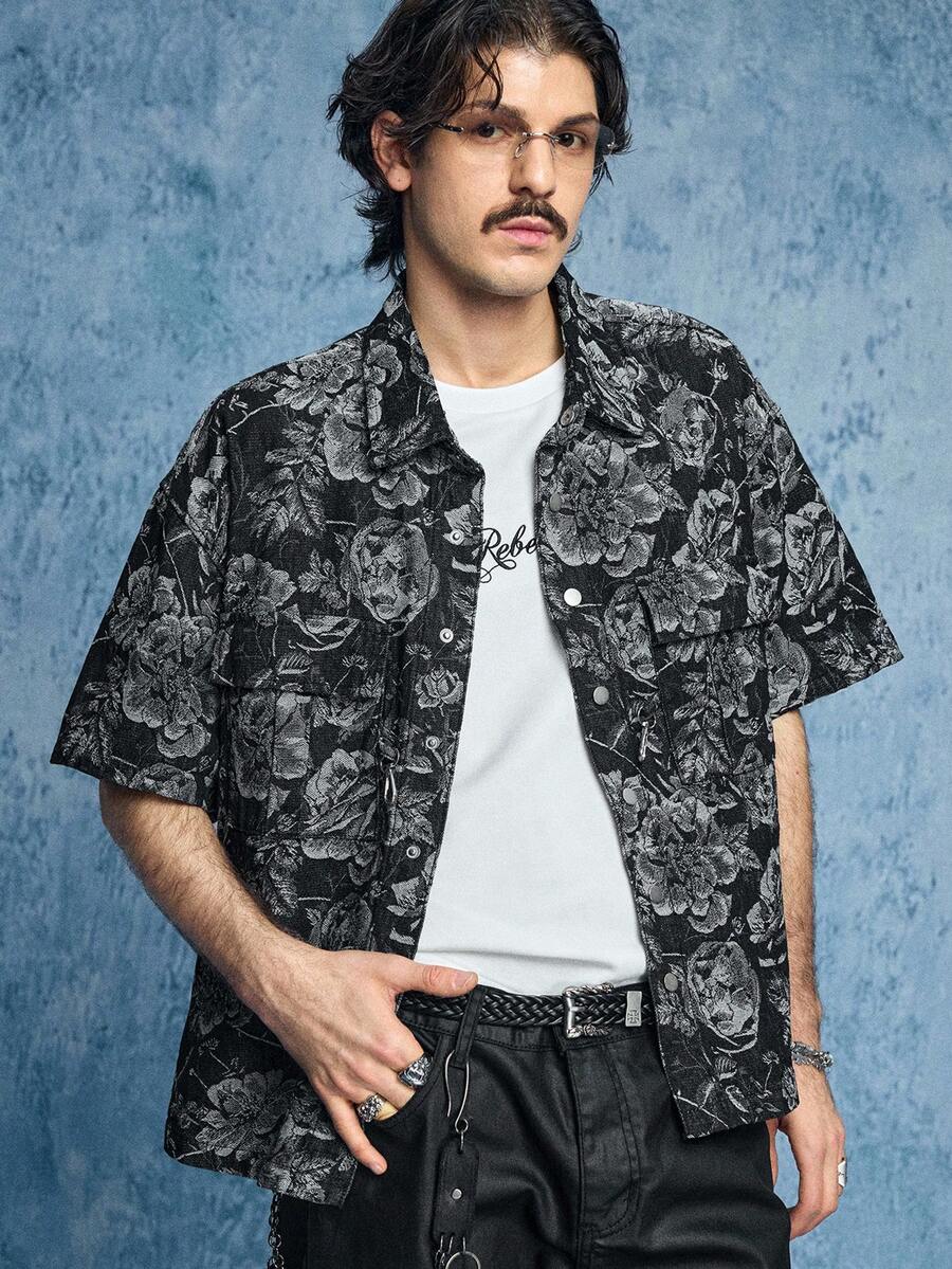 ROMWE MEN Street Life Men's Front Button Casual Fashion Versatile Summer Shirt, Textured Floral Denim Top - Black - View 1