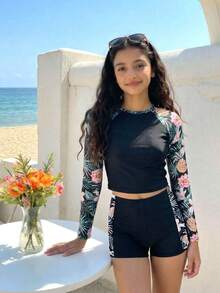 SHEIN Teen Girl Raglan Sleeve Tropical Plant Print Top And Shorts Swimsuit Set - Black - View 4