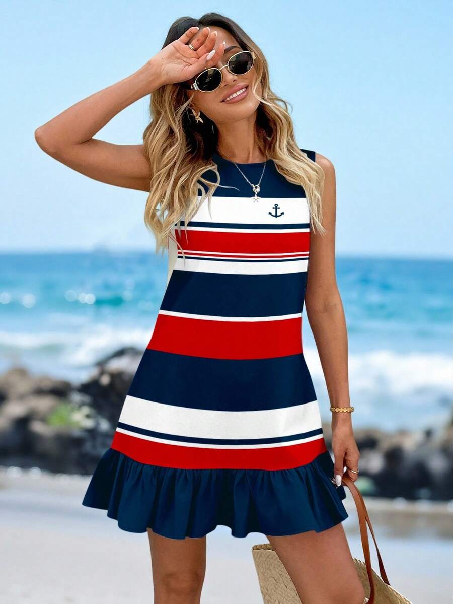 Sylviya Chân váy tennis kẻ sọc đỏ xanh trắng phong cách thường ngày, thích hợp cho kỳ nghỉ hè, sinh viên, phong cách quý tộc, dạ hội, du lịch. - Nhiều màu - Xem 1