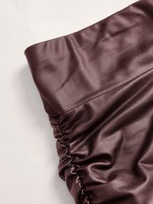 SHEIN EZwear 女士纯色时尚褶皱棕色打底裤 - 棕色 - 查看 4