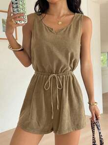 SHEIN EZwear Bộ áo liền quần kaki dệt kim co giãn cho nữ, áo liền quần ngắn kiểu dáng thường ngày, áo liền quần có túi, áo liền quần ngắn, áo liền quần nữ, bộ đồ đi nghỉ mát cho nữ, trang phục thường ngày cho nữ, bộ đồ liền thân mùa hè cho nữ, áo liền quần nữ. - màu nâu - Xem 3