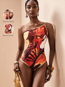 Zivah 2026 Casual Beach Vacation Distinctive Plant & Parrot Print Beaded Strap One-Piece Swimsuit - Brown - View 5