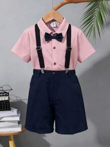 SHEIN 2pcs Kids Tween Boys Casual Daily Comfortable Polo Collar Cardigan Shirt With Bow Tie & Loose Shorts Bib Pants Gentleman Outfit Set - Multicolor - View 3