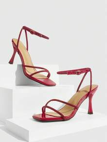 CUCCOO SZL Sandalias de tacón alto cuadradas con rhinestones dorados de moda para mujer, adecuadas para ir al trabajo, citas y fiestas, ideales para Navidad - Rojo 2 - Ver 3