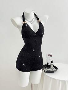 Elamini Women's Solid Color V-Neck Halter Sleeveless Fitted Jumpsuit - Black - View 3