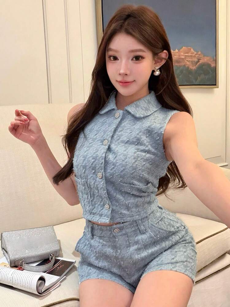 Spring & Summer Blue Houndstooth Vest And Shorts Set, Elegant For School, Valentine's Day, Wedding, Party, Commute