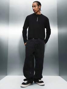 PLAYBOY X SUMWON Logo长袖叠层基本款圆领T恤，休闲街头风印花，常规版型，棉混纺面料。 - 黑色 - 查看 3