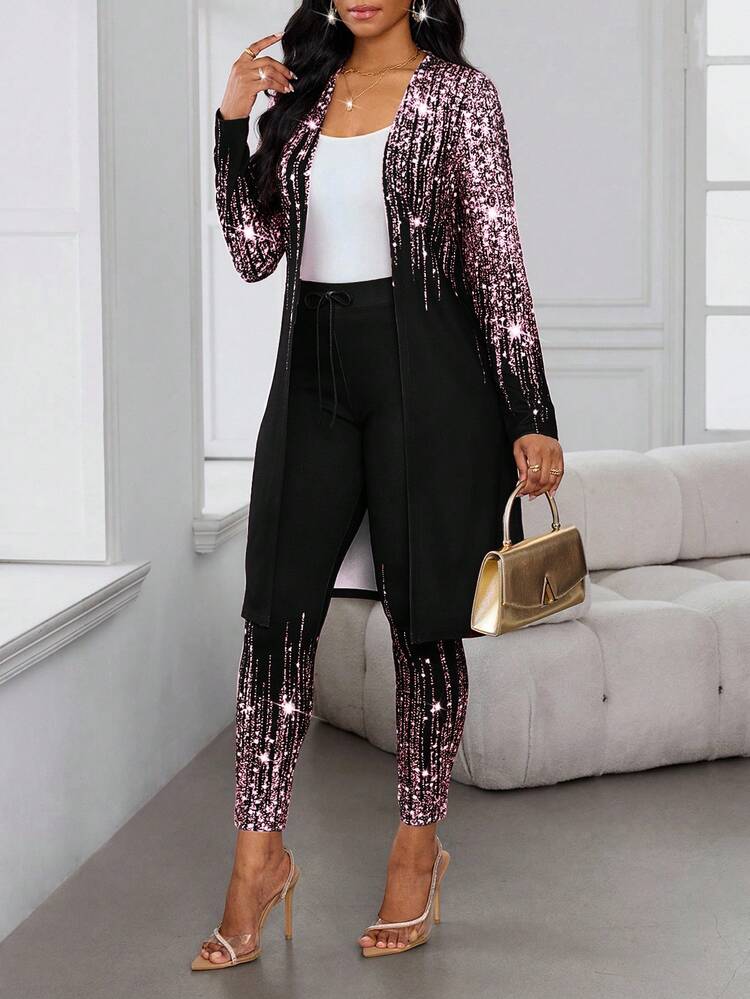 SHEIN Lady Bộ đồ nữ tay dài, kiểu dáng thường ngày, thanh lịch, đa năng, gồm 2 món. - Hồng - Xem 3