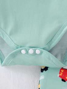 SHEIN Infant/Toddler Boys' Cute Cartoon Car Print Romper And Shorts Set, Spring/Summer - Green - View 6