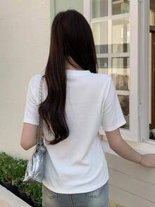 DAZY Solid Color Casual Half-Placket Fitted Short Sleeve Commuter Short Sleeve T-Shirt, Spring/Summer - White - View 3