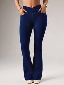 Dewbera 女士牛仔运动裤 高腰针织喇叭裤 提臀塑形 百搭休闲 - 藍色 - 查看 5