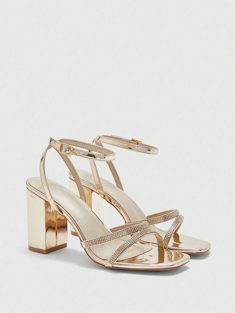 CUCCOO SZL Women's Square Toe Rhinestone Ankle Strap Sandals For Christmas Spring Shoes Prom Heels