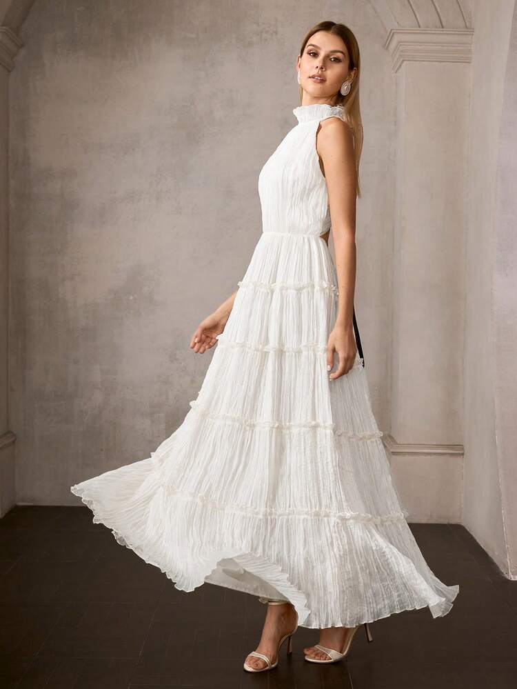 MOTF Soiréza WOMEN'S ELEGANT FLOOR-LENGTH FORMAL DRESS WITH RUFFLE NECKLINE, IDEAL FOR WEDDINGS, GALA DINNERS, CELEBRATIONS & FORMAL PARTIES