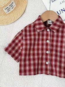 SHEIN 休闲百搭可爱红色格子宽松短袖衬衫 - 紅色 - 查看 5