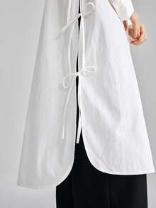 Ontre 2026春夏女士舒适亲肤缎面宽松衬衫，翻领、落肩、长袖、侧高开衩、蝴蝶结腰带装饰，现代都市时尚商务休闲办公装，低调复古优雅高品质机场/邮轮/中东婚礼宾客着装，简约奢华感，四季皆宜的休闲系列设计，女士衬衫，乡村音乐会/西部风格，高档面料，舒适透气，波西米亚风 - 白色 - 查看 2