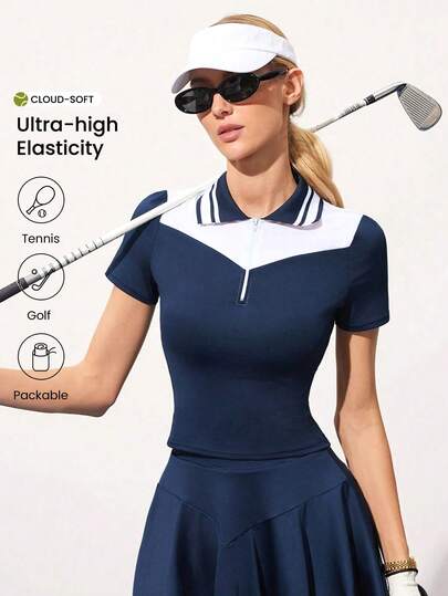CourtClass Women's Summer Sporty Color Block Half Zip Polo Collar Golf Polo Shirt