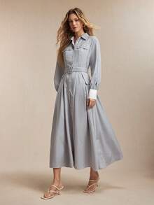 BizChic Striped Print Belted Asymmetric Pocket Long Sleeve Dress - Blue - View 8