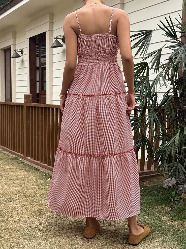 Red Plaid Cinched Waist Midi Dress, Vacation Holiday Outfit Summer Sundress Boho