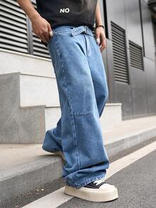 Manfinity Hypemode 男士美式街头时尚可调节腰带设计蓝色水洗宽松阔腿牛仔裤 - 中等水洗藍 - 查看 3