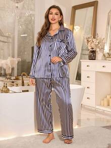 MuseNap CURVE 大码条纹长袖上衣和裤子睡衣套装 - 彩色 - 查看 5