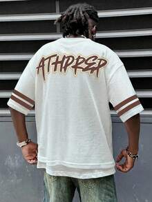 AXEPEAK 男士宽松落肩字母印花网眼短袖T恤 - 棕色 - 查看 2