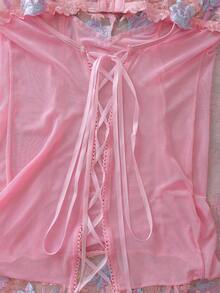 FloralLove Romantic Floral Mesh Patchwork Embroidered Criss-Cross Tie-Up Sheer Sexy Nightgown For Women - Pink - View 4