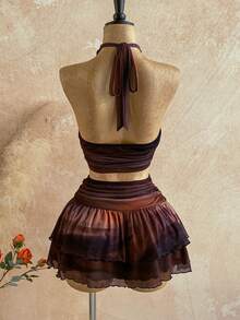 Soleia 女士性感扎染印花露背吊带上衣和迷你裙两件套，夏季 - 彩色 - 查看 3