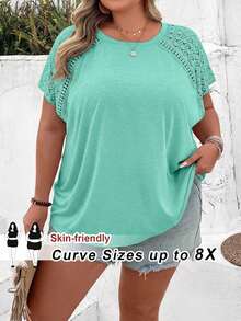 SHEIN CURVE+ Plus Size Color Block Lace Splicing Short Sleeve T-Shirt, Suitable For Beach Vacation In Summer Boho Vacation - Green - View 1