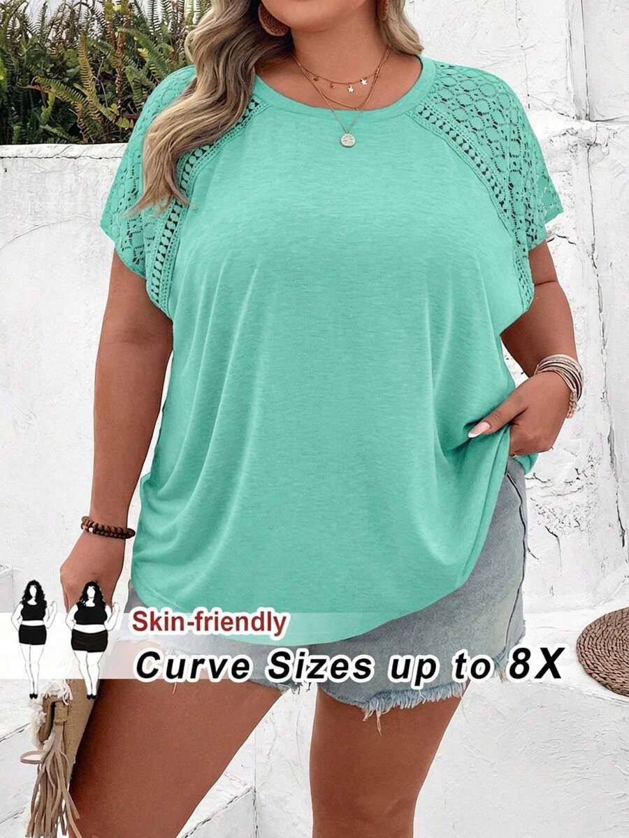 SHEIN CURVE+ Plus Size Color Block Lace Splicing Short Sleeve T-Shirt, Suitable For Beach Vacation In Summer Boho Vacation - Green - View 1
