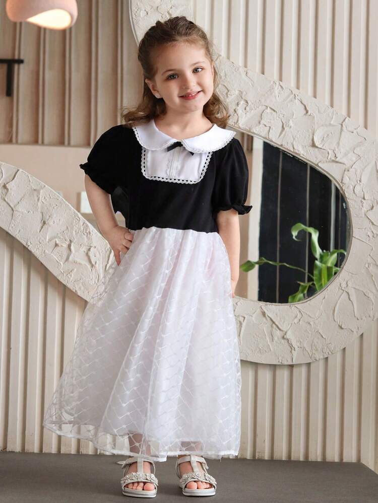 Young Girl' Collar Bow Lace Trim Contrast Color Korean Style Dress