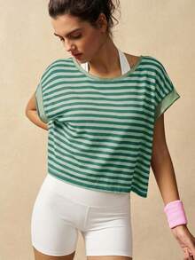VARSIVA Workout Women Tops Women Striped Fashion Sports T-Shirt & Tank Top, Suitable For Summer - Green - View 3